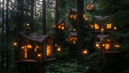Illuminated tree houses nestled in a lush forest at dusk; magical getaway