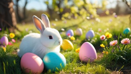 Fototapeta premium A Playful Bunny Amidst Colorful Easter Eggs And Fluttering Butterflies In A Lush Spring Meadow, Embodying The Joyous Spirit Of The Season.
