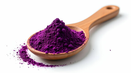 Vibrant Purple Mangosteen Powder Exotically Showcased in Unique Wooden Serving Spoon on White Surface