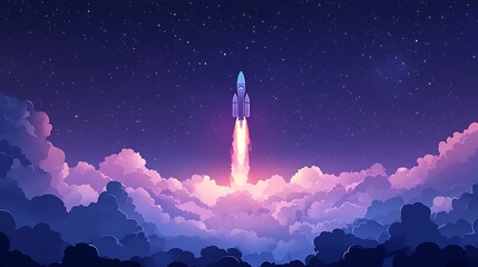 Rocket Launching into Starry Night Sky, A rocket launching into a starry night sky, surrounded by colorful clouds