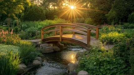 Obraz premium Serene garden scene with wooden bridge over stream at sunset.
