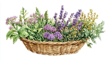 Freshly Picked Lavender and Herbal Arrangement in a Woven Basket for Garden Decoration and Natural Aesthetic Appeal