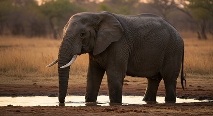 Obraz premium Elephant drinks water - a moment of quiet in nature - environmental conservation awareness