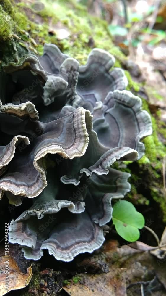 Poster unique gray mushroom with ruffled edges growing on a log in a lush forest during daytime