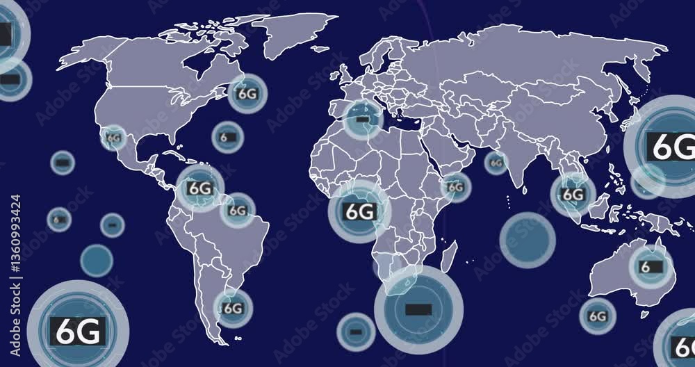 Poster world map animation displaying 5g and 6g network coverage across regions