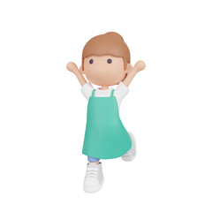 3DCG｜バンザイをするエプロン姿の若い日本人女性