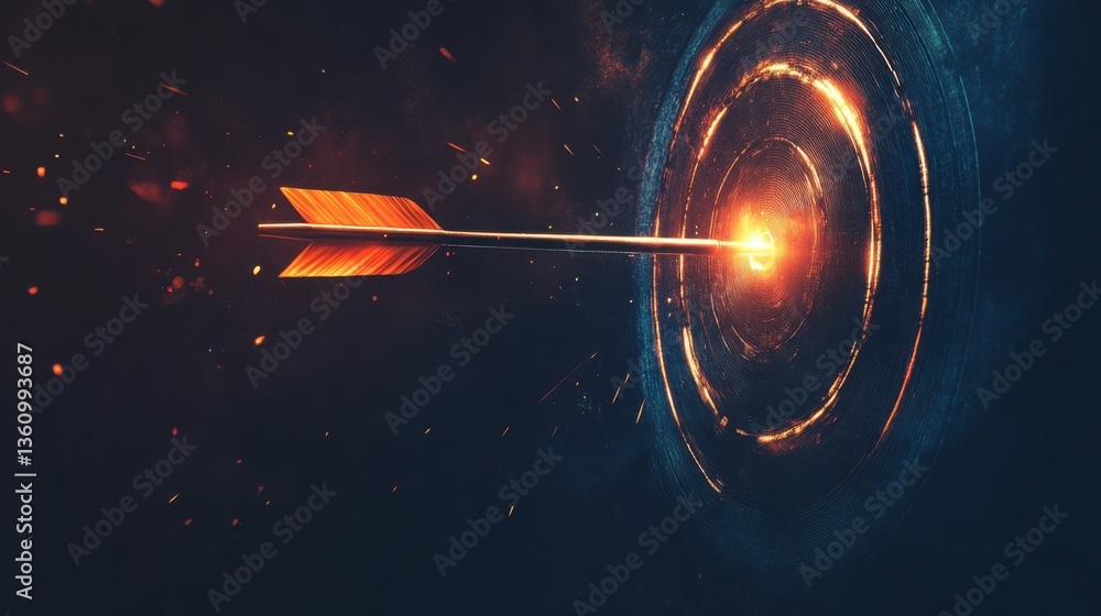 Poster high-quality close-up of arrow hitting target with flames and sparks for concept of precision and ac
