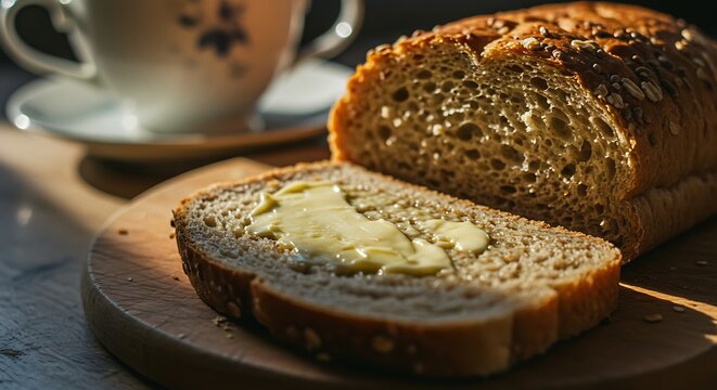 Buttered whole grain bread and ceramic cup - simple pleasures - breakfast scene for social media - Powered by Adobe