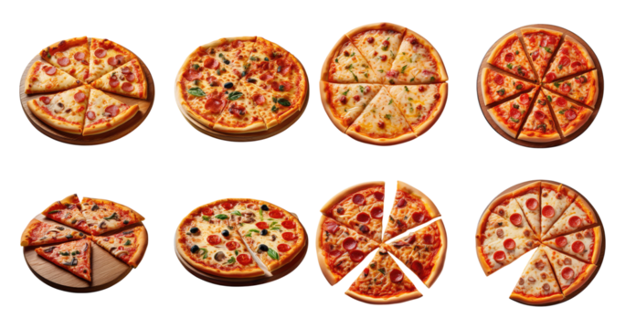 Delicious Variety of Pizzas with Different Toppings and Styles, PNG bundle collection, Isolated on Transparent Background