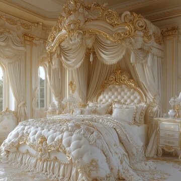 A luxurious bedroom with a large bed and gold accents. The bed is covered in white sheets and pillows, and there is a gold canopy above it. The room also features a dresser and a chair