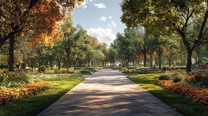 Sunny autumn path through colorful park.