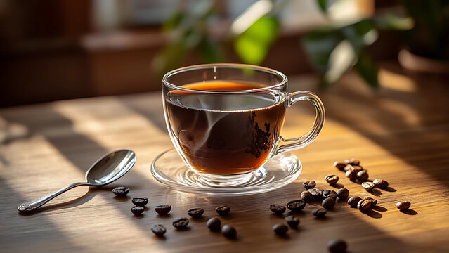 Hot black coffee in glass cup with saucer on wooden table surrounded by roasted beans in warm morning sunlight
