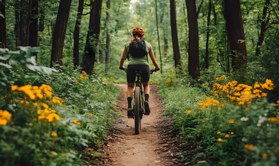 Woman mountain biking forest trail, flowers blooming