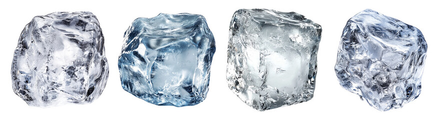 Obraz premium Various Ice Cubes with Unique Shapes and Textures on Isolated Background, PNG bundle collection, Isolated on Transparent Background