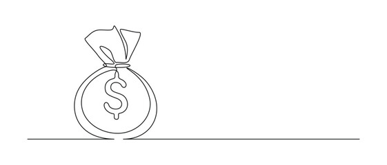 Dollar money bag in one continuous line drawing. Moneybag with cash and coins in simple linear style. Savings money and bank concept in Editable stroke. Doodle outline vector illustration