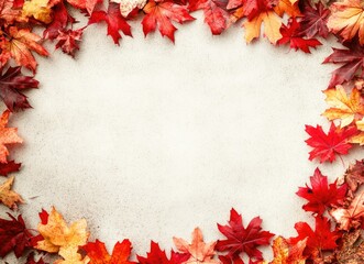 Colorful Autumn Maple Leaves Frame Blank Concrete Background for Text