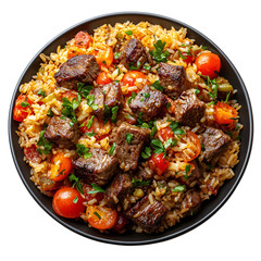 Delicious Beef and Rice Bowl with Tomatoes and Herbs,