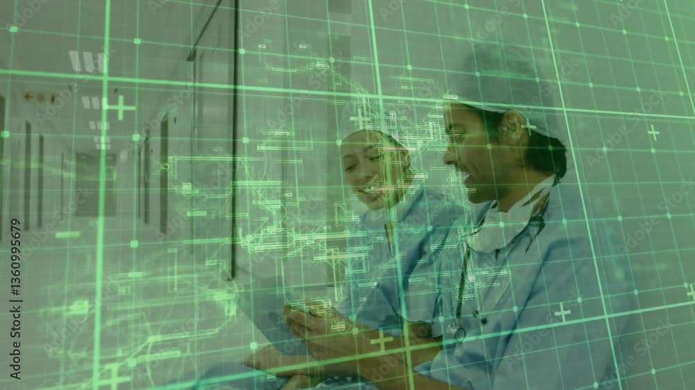 Poster using digital devices with data grid overlay, medical professionals in scrubs working