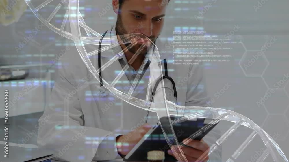 Poster doctor using tablet with dna strand and data processing animation overlay