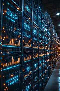 Modern data center featuring rows of server racks glowing brightly