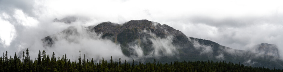 Panorama of mountains and treeline with mist and clouds including transparent areas

