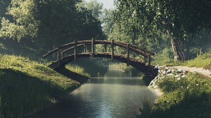 Fototapeta premium Rustic wooden bridge spanning a calm stream in a lush green forest, sunlight filtering through trees.