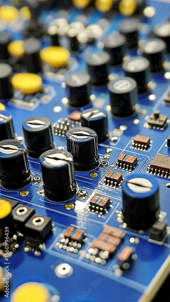 Poster close-up view of an electronic circuit board showcasing capacitors and components in a vibrant blue 