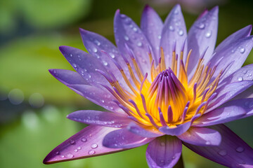 Flor loto morada en primer plano con pétalos vibrantes y agua de fondo sereno
