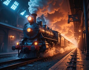 Obraz premium Steam Train Arriving at Station with Dramatic Sky and Smoke