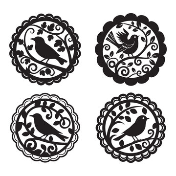 Four Decorative Bird Silhouettes in Ornate Frames