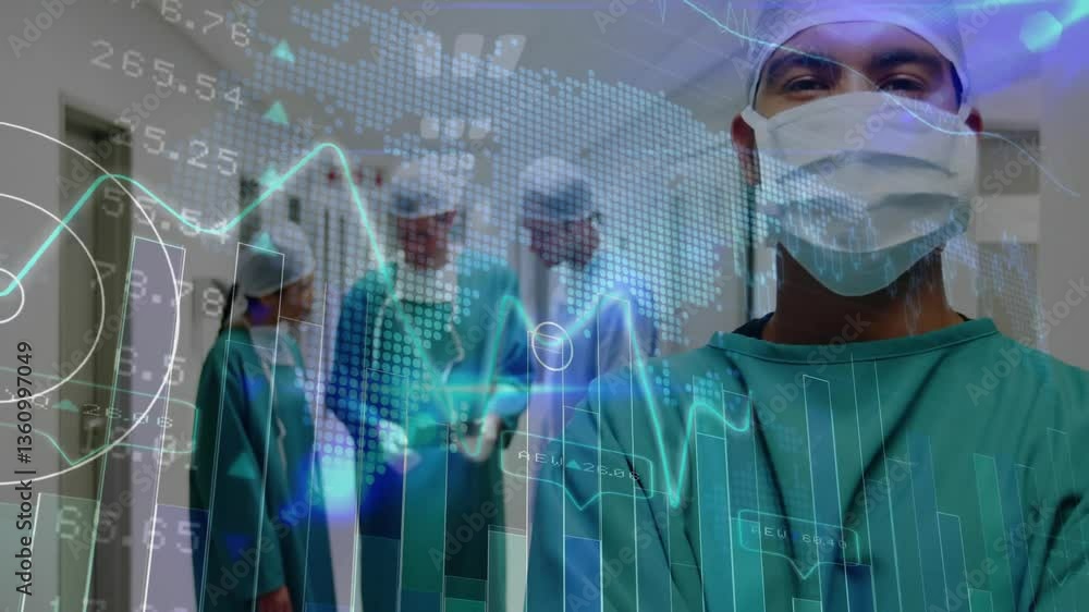 Aufkleber in school, medical team analyzing data graphs with animation of world map overlay
