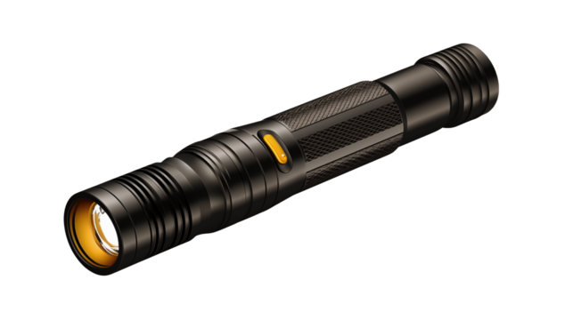 Close up of a black flashlight with a yellow button on black