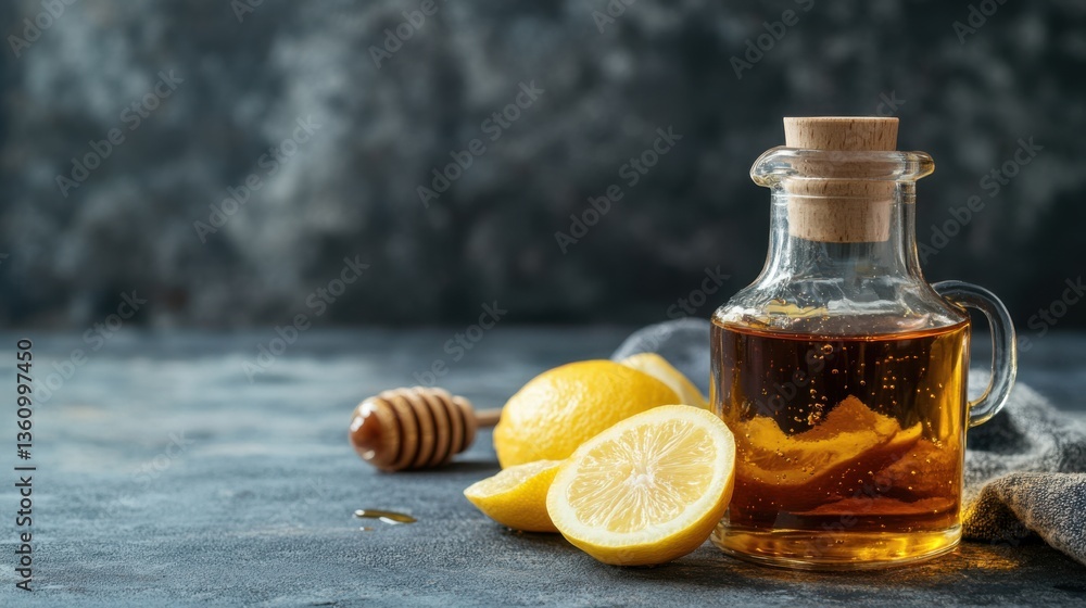 Poster fresh lemon slices and honey jar on rustic table with dark background for healthy food and drink con