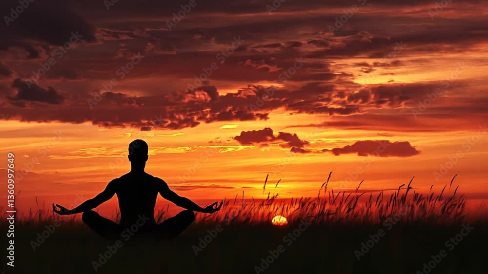Poster man practices zen meditation during sunset in a tranquil field generative ai