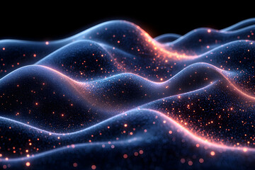 Abstract wave patterns glow with tiny sparkling particles against a dark backdrop