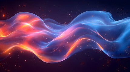 Abstract waves glow with warm reds and cool blues on a dark backdrop