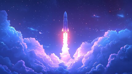 Rocket Launching into Starry Night Sky, A rocket launching into a starry night sky, surrounded by colorful clouds