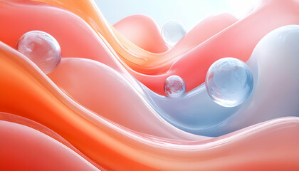 Abstract waves in orange and blue, with translucent sphere elements
