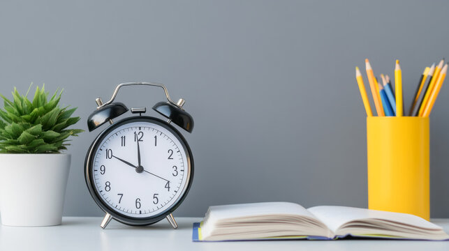 Attendance awareness with alarm clock on student desk for academic success