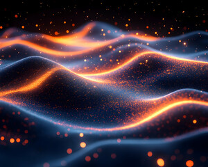 Abstract wavy surface with glowing lines and particles, dark background