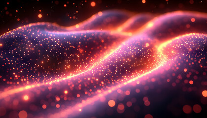 Abstract Wavy surface with bright glowing particles and bokeh lights