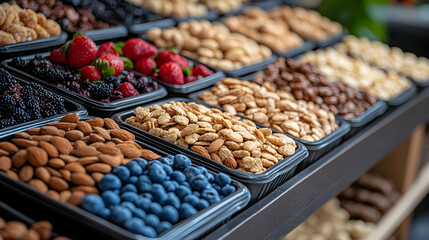 Abundant display assorted nuts and berries organized in trays for market sales