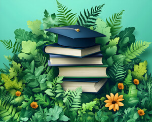 Academic achievement Books, mortarboard, and nature