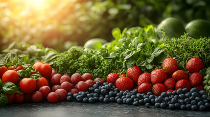 Abundant produce berries, greens, tomatoes, and herbs in vibrant sunlight