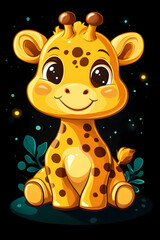 Adorable baby giraffe illustration, sitting with soft features and a black background