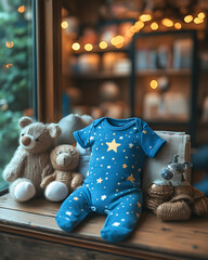 Adorable baby onesie with stuffed animals on a wooden surface near window