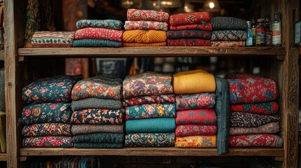 Neatly stacked colorful sweaters on wooden shelves.