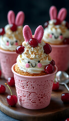 Adorable bunny cupcakes with cherries, pink accents, and a sweet smile on a wooden board