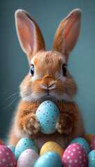 Adorable bunny holding a speckled egg surrounded by pastel colored Easter eggs
