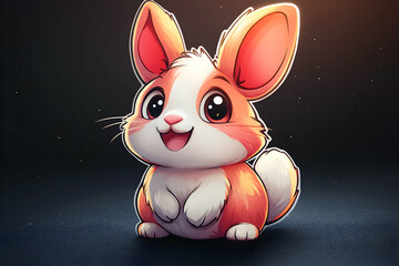 Adorable cartoon bunny with red and white fur, big eyes, and cheerful smile, sitting on dark background